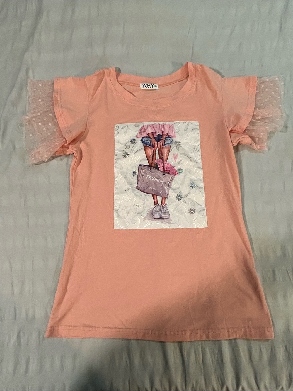 Why Girls' Peach Graphic Tee with Sheer Dot Sleeves